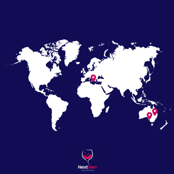 Image of the world map on a blue background with pink location pins above Sicily, Queensland and South Australia. 